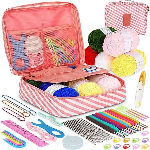 1 Crochet Kit with Storage Pouch - Includes Ergonomic Hooks, Stitch Markers, Yarn, etc. - New