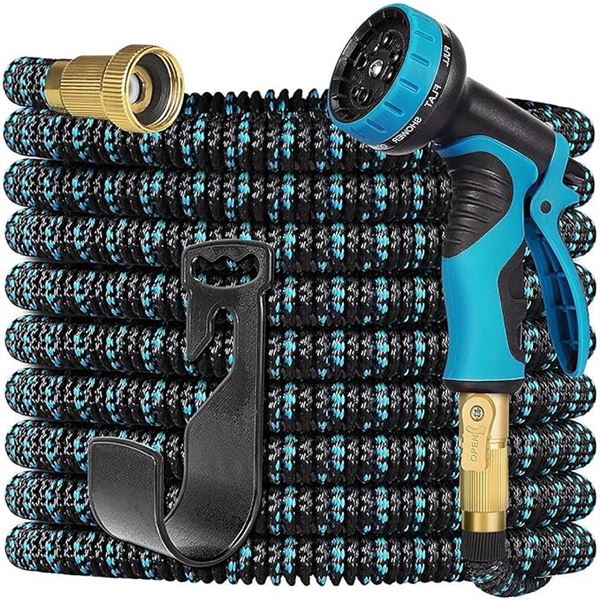 100FT Expandable Garden Hose with Nozzle & Hose Hanger - Blue - Brand New!