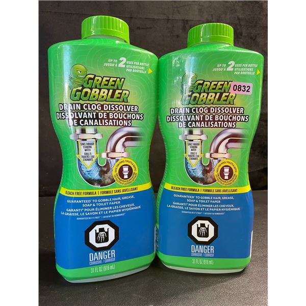 2 Green Gobbler Drain Clog Dissolver (916ml Each); Gobbles Hair, Grease, Soap etc. - New