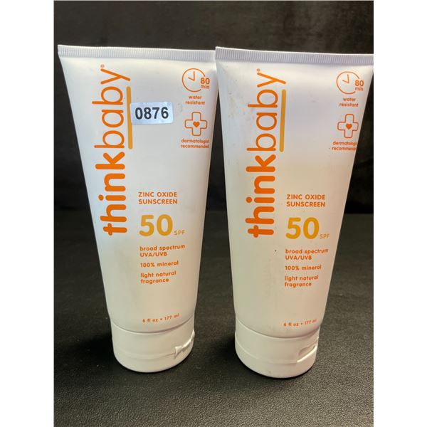 2 ThinkBaby Sunscreen Lotions SPF 50 Broad Spectrum Zinc Oxide Sunscreens - 177ml - New