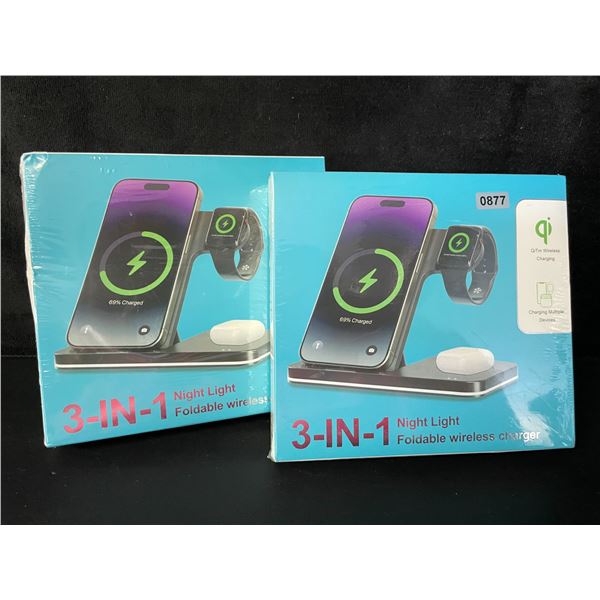 2 3-in-1 Foldable Wireless Charging Stations with Night Light - New Sealed