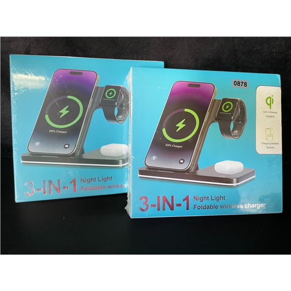 2 3-in-1 Foldable Wireless Charging Stations with Night Light - New Sealed