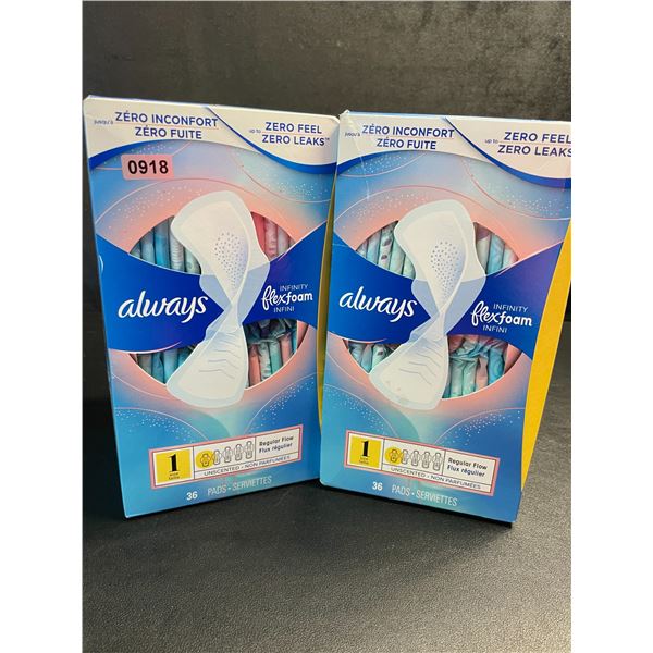 2 Packs of Always Infinity Flexfoam Period Pads - 36 Pads Each - Size 1 - New