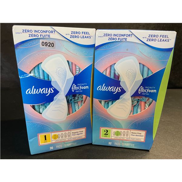 2 Packs of Always Infinity Flexfoam Period Pads - 36 Pads Each - Size 1 & 2 - New