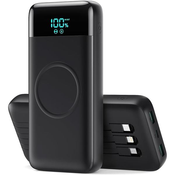 1 High-Capacity Power Bank (40,800mAh) Portable Charge w/ 3-Built In Cables - New Sealed