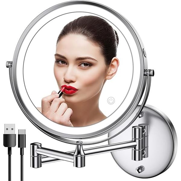 1 Rechargeable 8" LED Lighted Wall Mounted Makeup Mirror; Dual Sided w/ 1X/10X Magnification - NEW