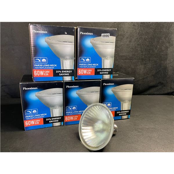 5 Boxes of Par30 Long Neck 60W 120V E26 Dimmable Light Bulbs - Brand New