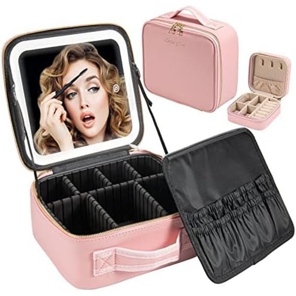 1 Makeup/Cosmetic Travel Case with LED Mirror Built-In - Pink (10.6" x 9.4") - New
