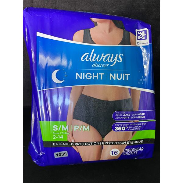 1 Pack of Always Discreet Night Extended Protection Underwear for Women (S/M) 16-Pack - New