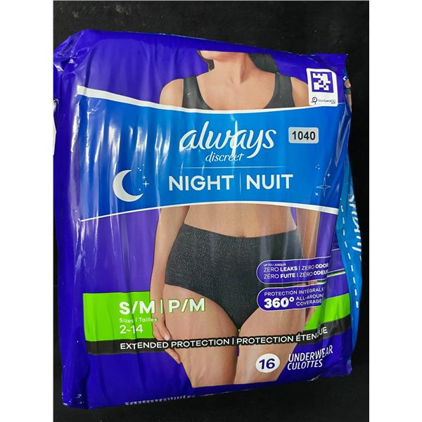 1 Pack of Always Discreet Night Extended Protection Underwear for Women (S/M) 16-Pack - New