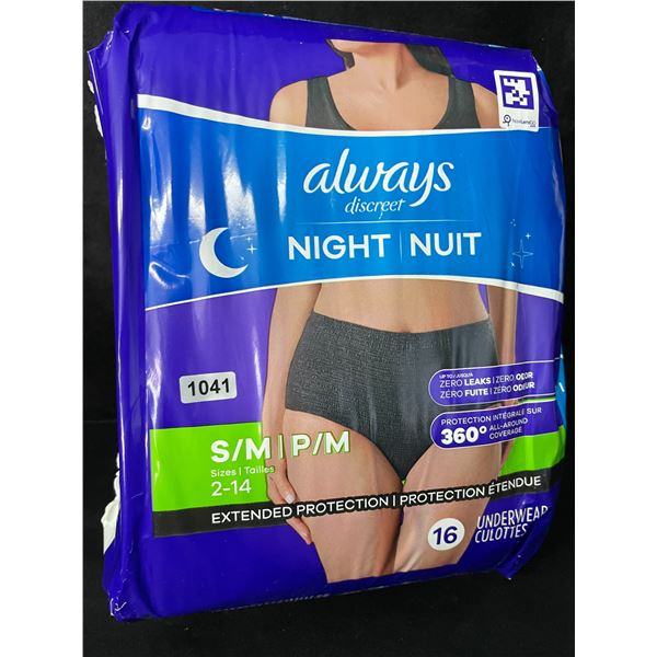 1 Pack of Always Discreet Night Extended Protection Underwear for Women (S/M) 16-Pack - New