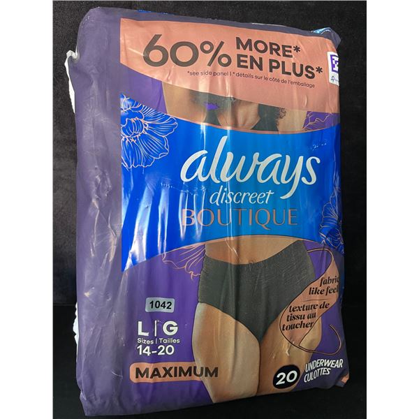 1 Pack of Always Discreet Boutique Incontinence/Postpartum Underwear for Women (LG) 20 Pack - New