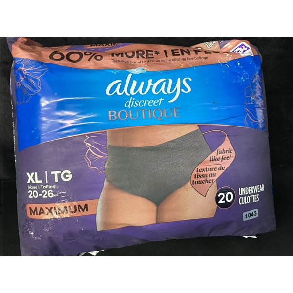1 Pack of Always Discreet Boutique Incontinence/Postpartum Underwear for Women (XL) 20 Pack - New