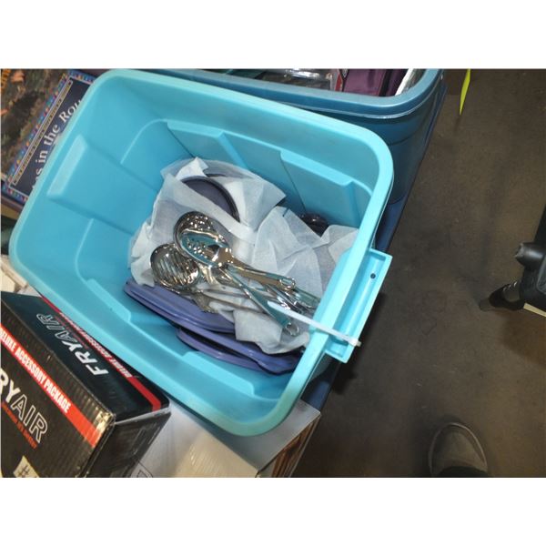 Tote Of Kitchen Glassware & Utensils