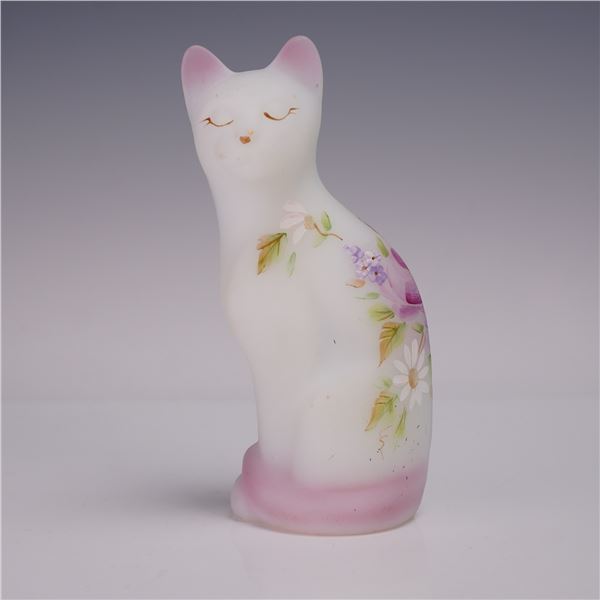 Fenton Hand Painted Satin Glass Cat Figurine Signed Fleak