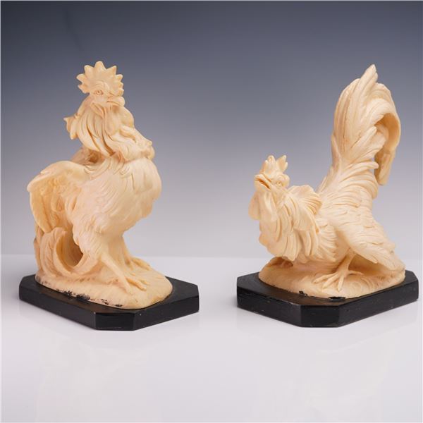 2pc A. Santini Rooster Sculptures on Black Bases