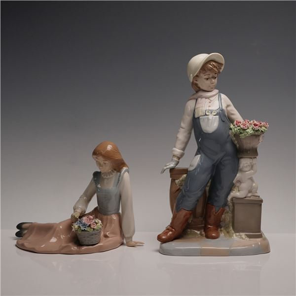 2pc Nadal Porcelain Figurine, Boy and Girl with Flower Baskets