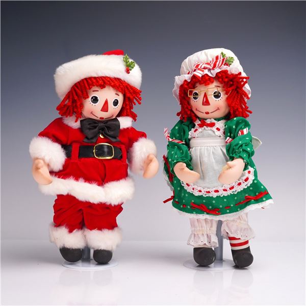 2pc Danbury Mint Christmas Raggedy Ann & Andy Porcelain Dolls with Box