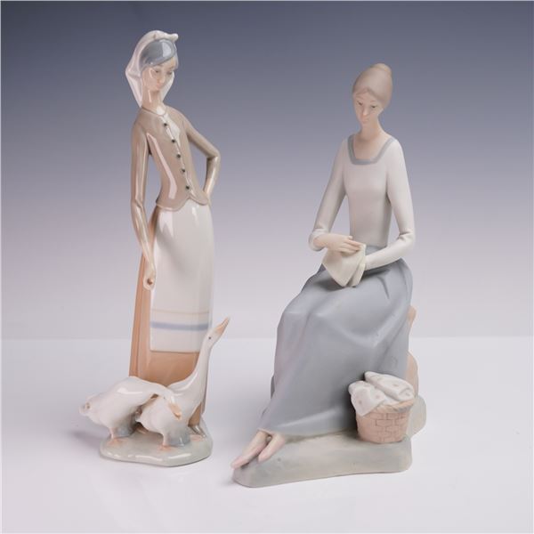2pc Lladro Girl with Geese Figurine and Companion