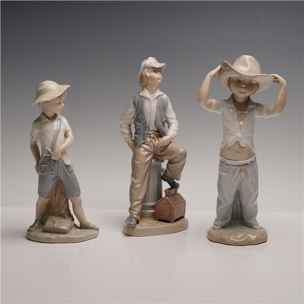 3pc Nao by Lladro Figurines, Shoe Shine Box, Little Cowboy & Boy with Sling