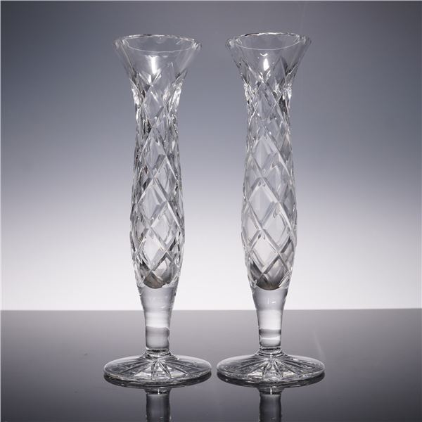 Pair of Cut Crystal Bud Vases, Diamond Pattern