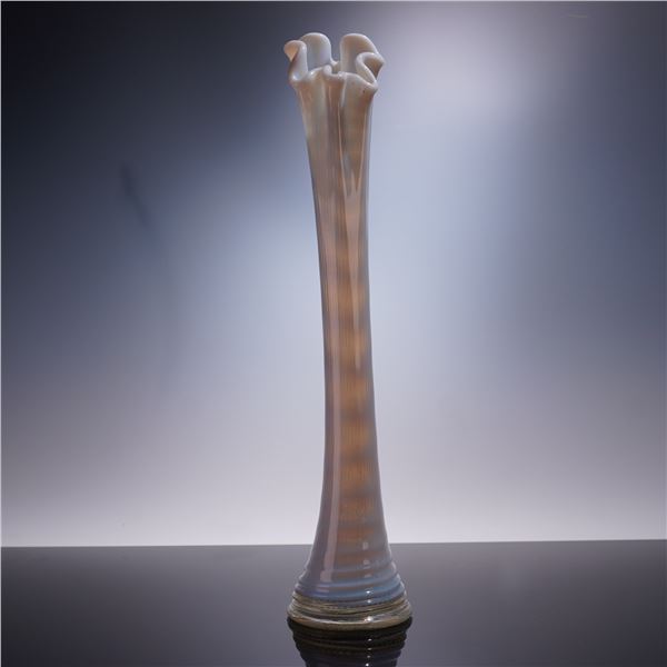 Tall White Opalescent Glass Vase with Ruffled Rim