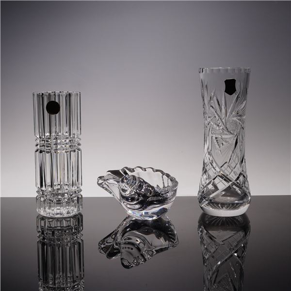 3pc Hand Cut Crystal Vases and Shell Bowl