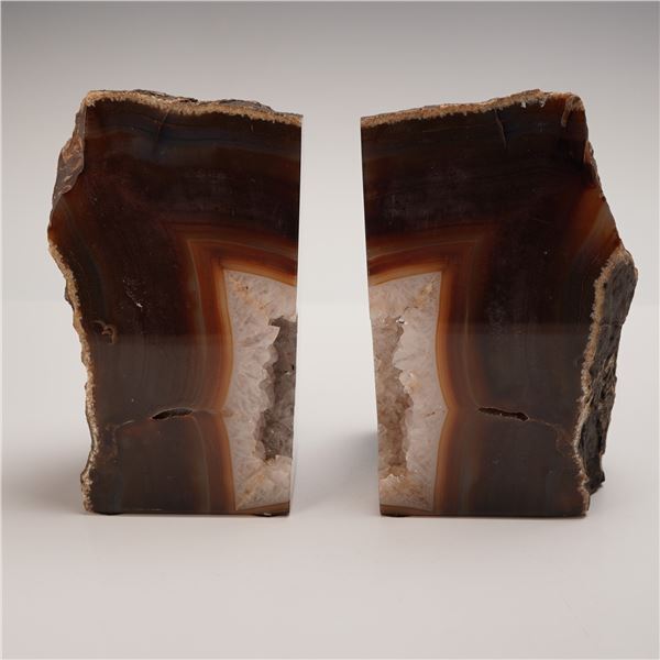 Pair of Agate Geode Bookends, Natural Crystal Center
