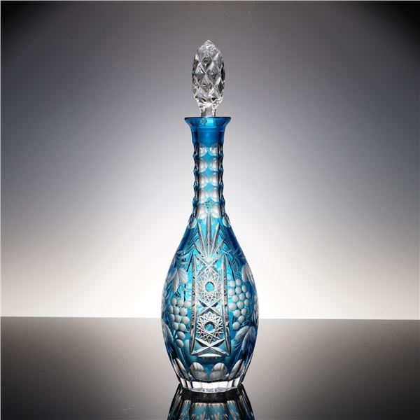 Bohemian Blue Cut-to-Clear Crystal Decanter w/Stopper: Grapevine Panels