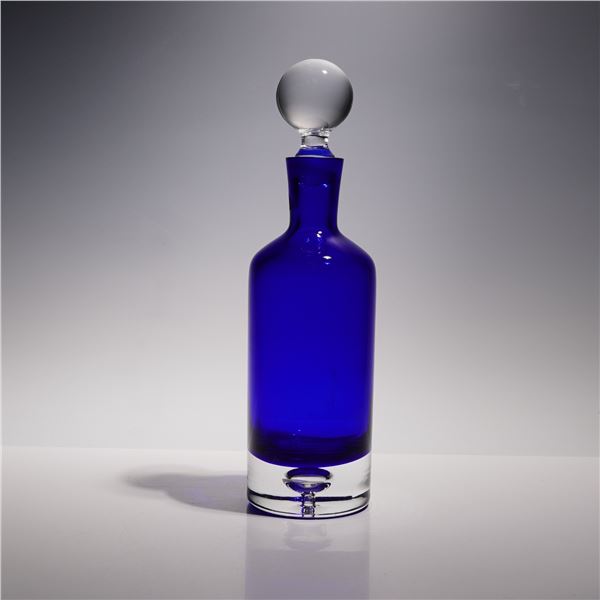 Vintage Cobalt Blue Art Glass Decanter with Clear Ball Stopper