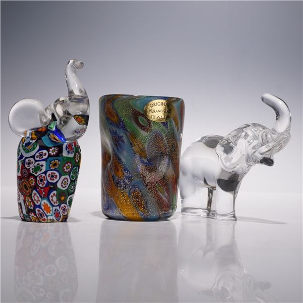 3pc Murano Art Glass Tumbler, Millefiori and Clear Elephants