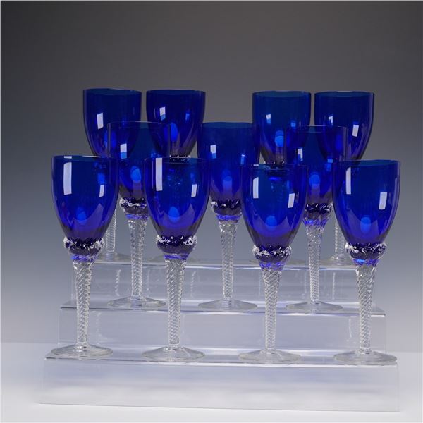 11pc Cobalt Blue Crystal Wine Glasses with Twisted Stems