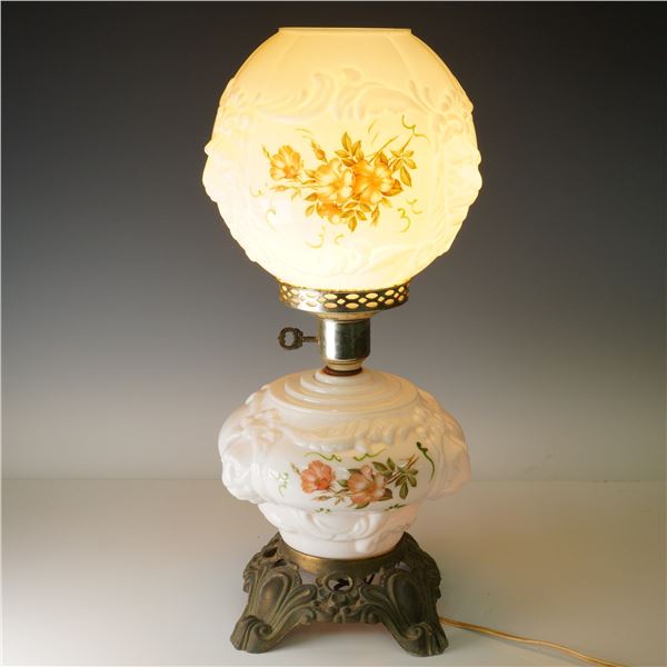 Double Globe Milk Glass Hurricane Lamp with Floral Decoration