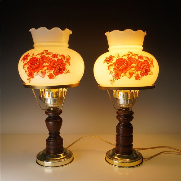 Pair of Red Poppy Flowers Glass and Wood Lamps