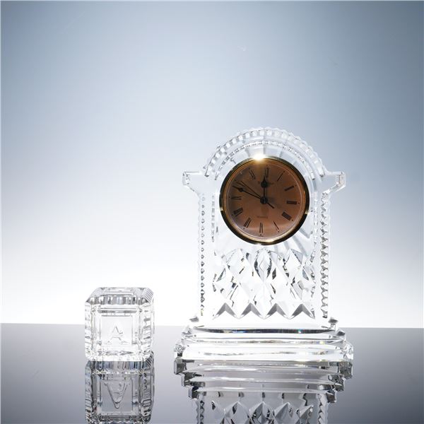 2pc Waterford Crystal Lismore Clock and Baby Block Set