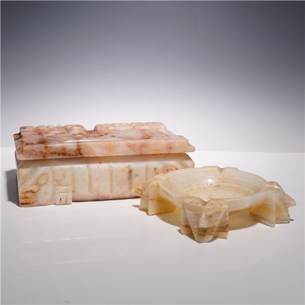 2pc Mexican Onyx Carved Ashtray & Lidded Box Set