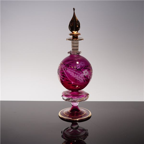 Vintage Etched Pink Glass and Golden Trim Perfume Bottle with Stopper