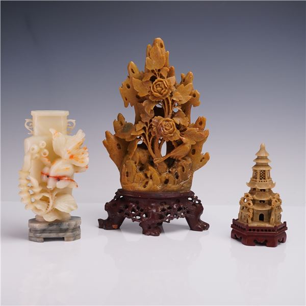 3pc Chinese Carved Stone Sculptures on Stands