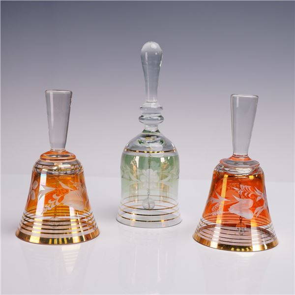 3pc Yugoslavia Cut Glass Bell Lot Etched Floral Design