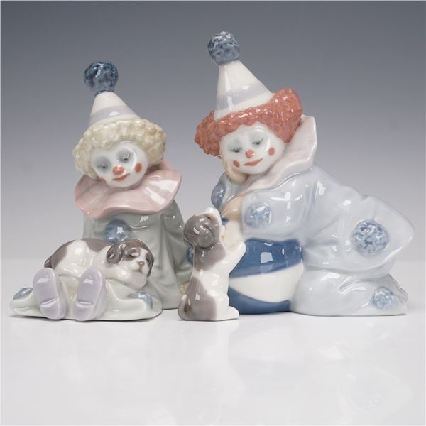 2pc Lladro Porcelain Figurines, Pierrots with Puppies