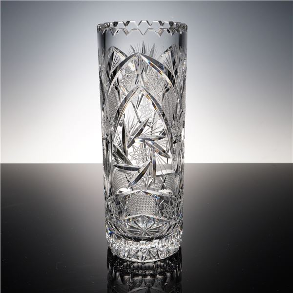 American Brilliant Cut Glass Cylinder Vase with Sawtooth Rim