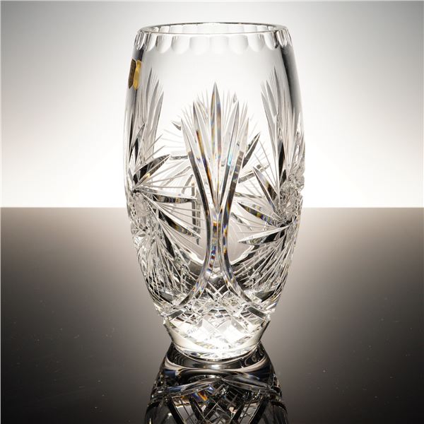 Polish Hand Cut Lead Crystal Vase with Starburst Medallion and Fan Panels