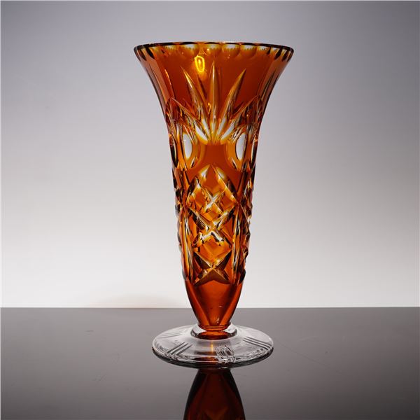 Vintage Bohemian Czech Glass Vase, Amber Cut to Clear