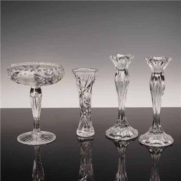 4pc Cut Glass Compote, Vase, and Pair of Candleholders