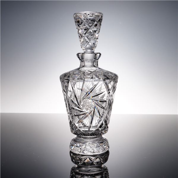 Bohemian Crystal Decanter w/Stopper, Radiating Pinwheel & Crosshatch Motifs