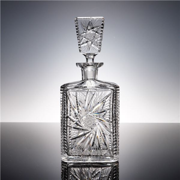 Brilliant Cut Crystal Whiskey Decanter with Square Stopper & Radiant Panel
