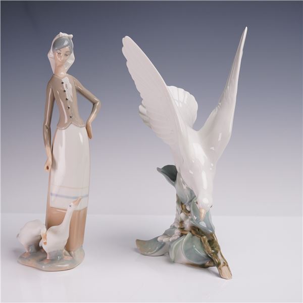 2pc Lladro Figurines Girl with Geese and Turtle Dove