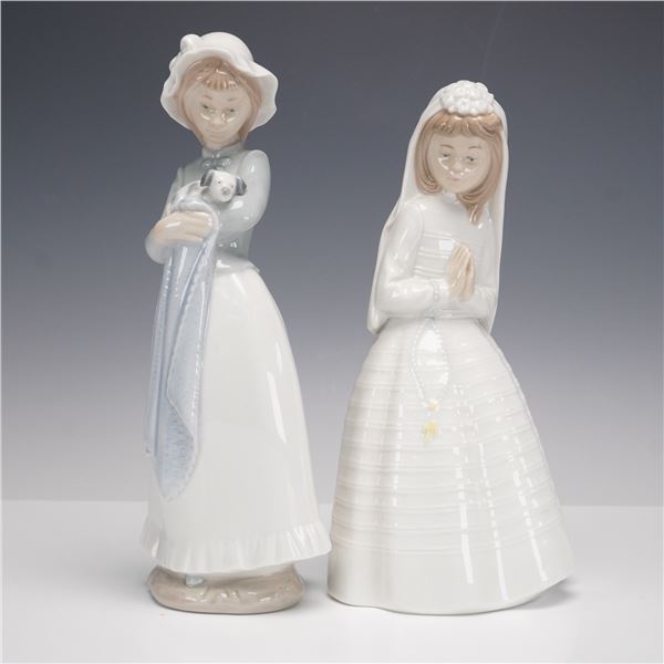 2pc Nao by Lladro Figurines, Puppy in Blanket and Praying Girl