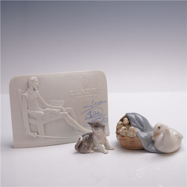 3pc Lladro Porcelain Lot Miniature Kitten Ducks Plaque