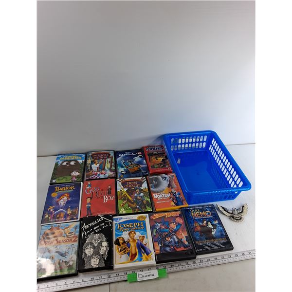 Plastic Bin, Belt Buckle, Assorted Movies - As Is
